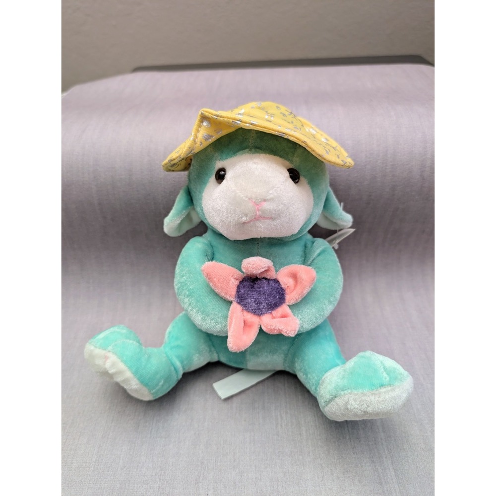 Vintage Stuffed Lamb Plush Toy Yellow Flower Bonnet Green New‎ Easter Kids 7"